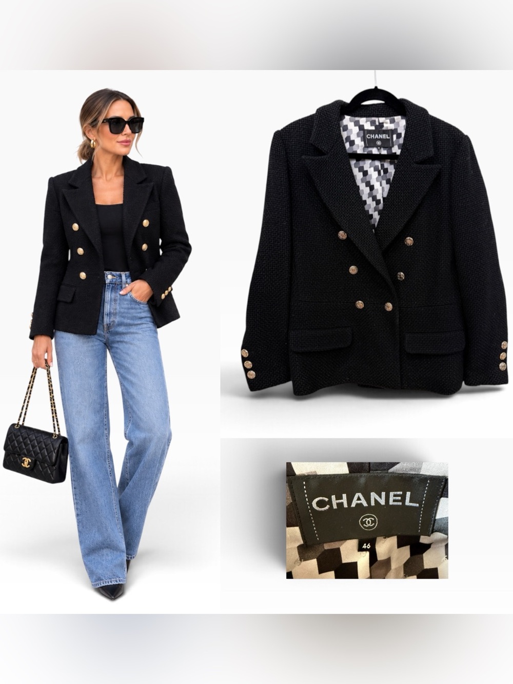 Chanel 21P Black Tweed Double-Breasted Blazer - Size 46